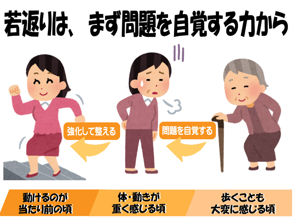 姿勢と歩行の若返りは、筋力低下で体の問題に鈍感な慢性化した状態から抜けだし、歪みを自覚する力が大切