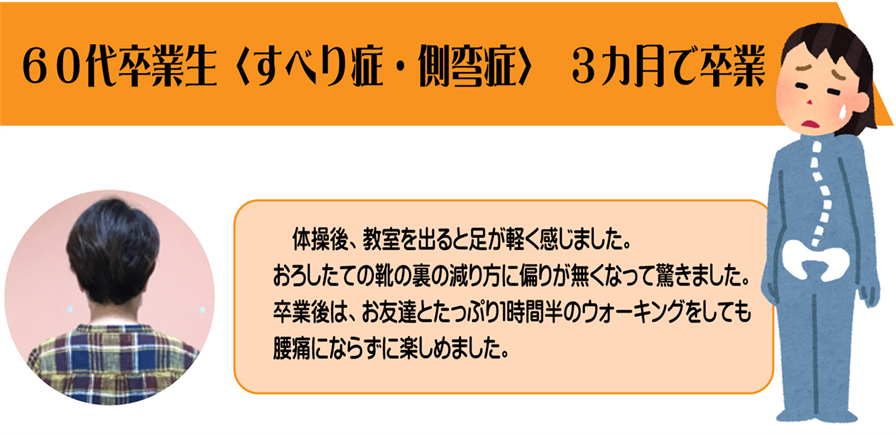 腰が痛くて長く歩けない理由になっていた、すべり症と側弯症を改善し美しい姿勢になりました